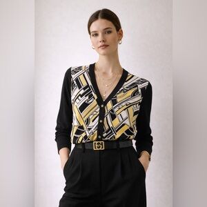 Vintage Escada Graphic Silk-Front Cardigan with Logo Buttons | Size 34